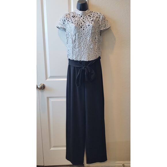 Premier Amour Women High Neck Short Sleeve Jumpsuit with Grey Lace Bodice Sz12 - Picture 1 of 16